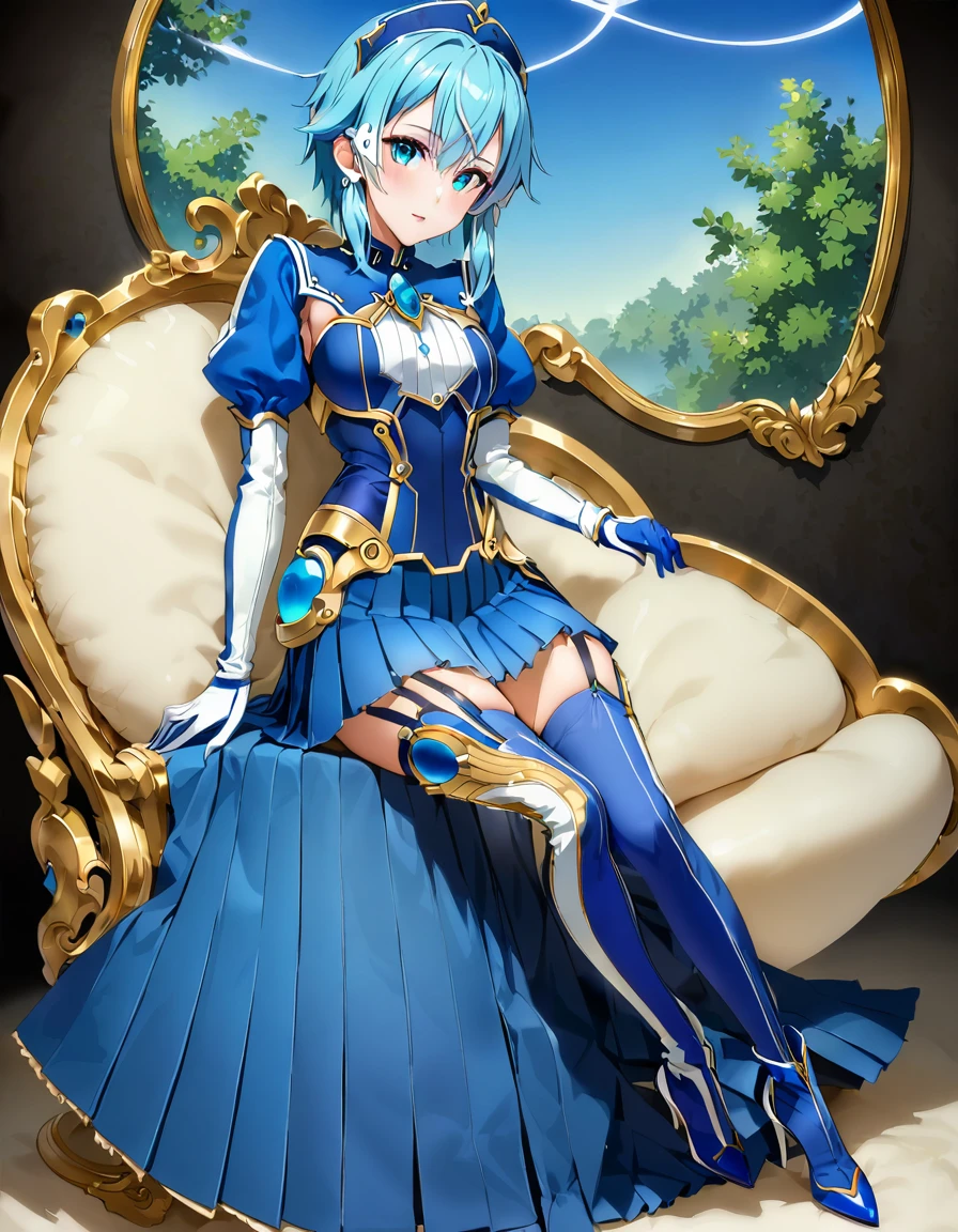 highest quality、unity 8k wallpaper、32k、masterpiece、Very detailed、Ultra-high resolution、Very detailedな顔、RAW Photos、Professional、Ultra-fine painting、Archer of the Sky, Sinon Solus、light blue short hair、Sky blue eyes、Blue magical girl costume、Deep indigo ribbon with a large sapphire brooch、half puff sleeves、(((Blue pleated skirt with white lines)))、Blue and white long gloves、Indigo thigh-high stiletto heel boots with gold molding