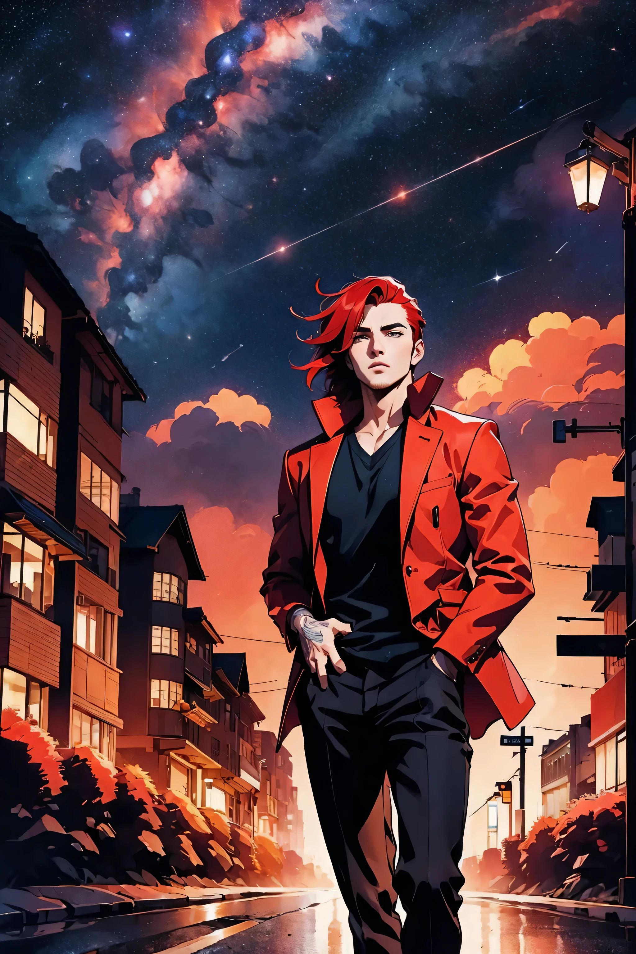 l1s4fr4nk, a man, handsome, robust, red hair, wearing a jacket, positioned on a city road at night, soft urban lighting, starry sky in the background, in a natural pose, best quality