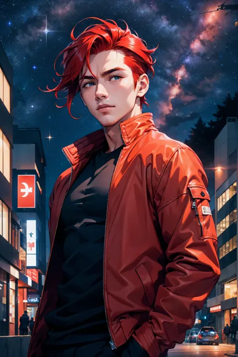 l1s4fr4nk, a man, handsome, robust, red hair, wearing a jacket, positioned on a city road at night, soft urban lighting, starry ...