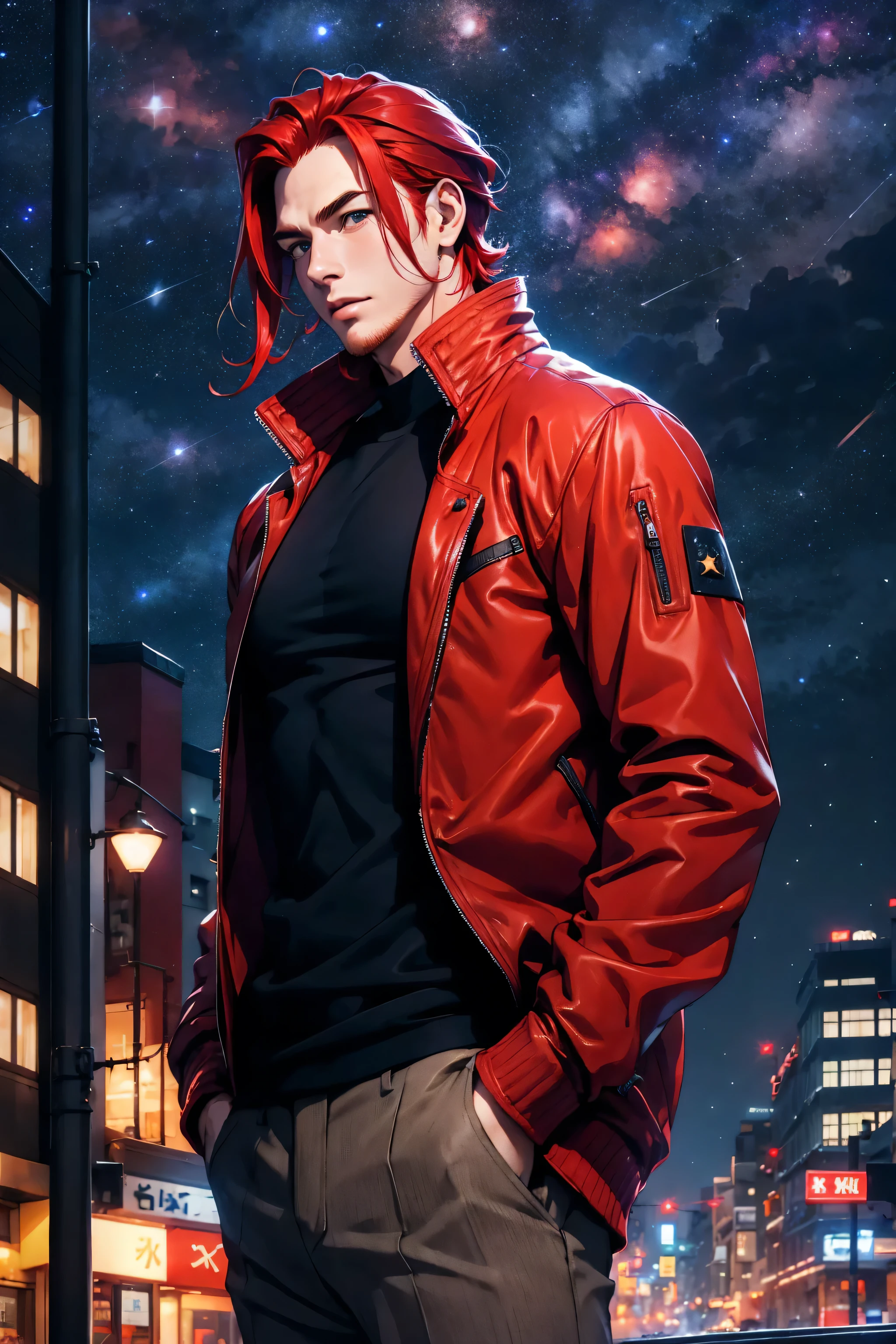 l1s4fr4nk, a man, handsome, robust, red hair, wearing a jacket, positioned on a city road at night, soft urban lighting, starry sky in the background, in a natural pose, best quality