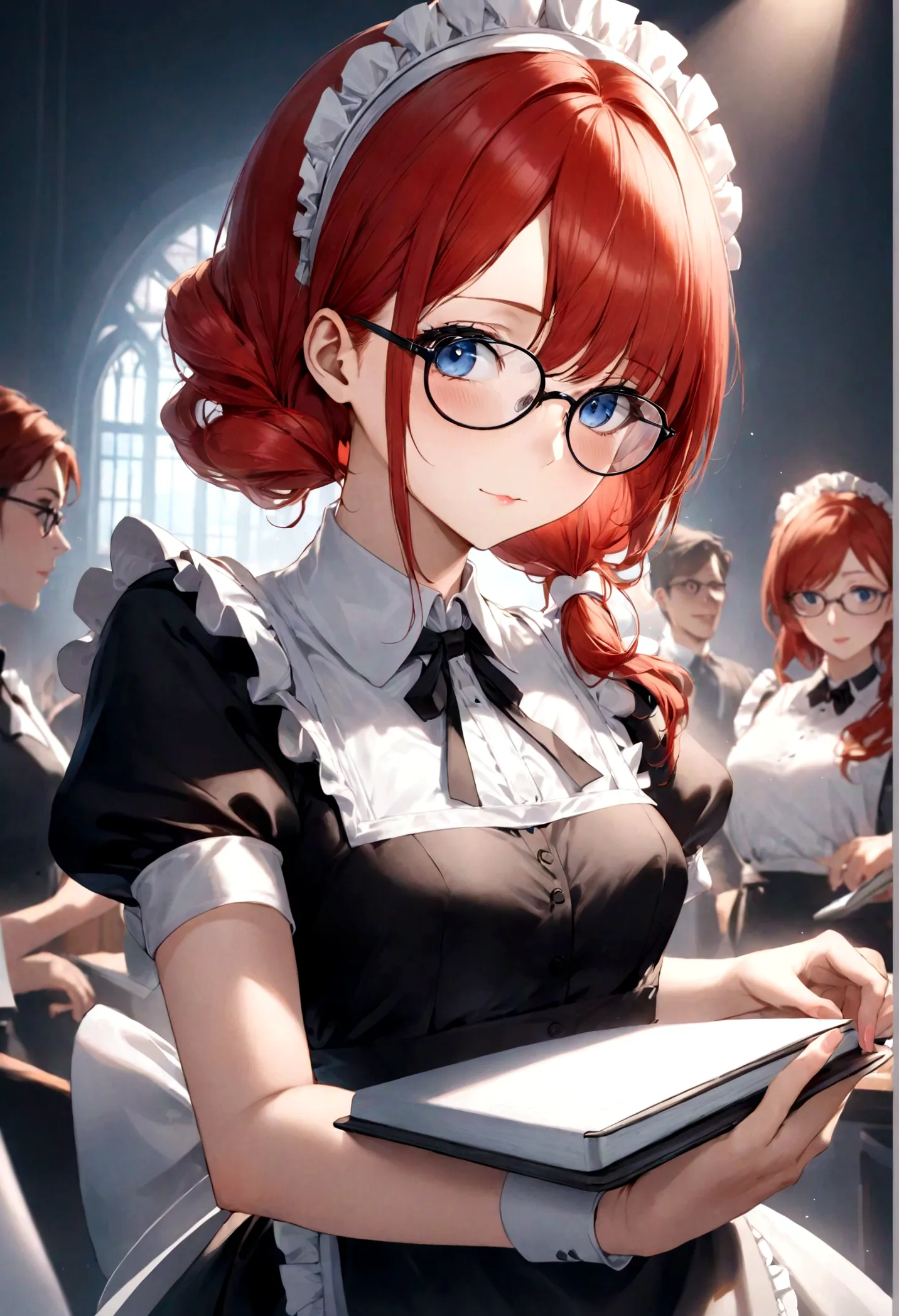 make a beautiful woman with red hair, blue eyes and glasses dressed as a maid scrolling through a notebook and looking at the audience and giving a sensual wink