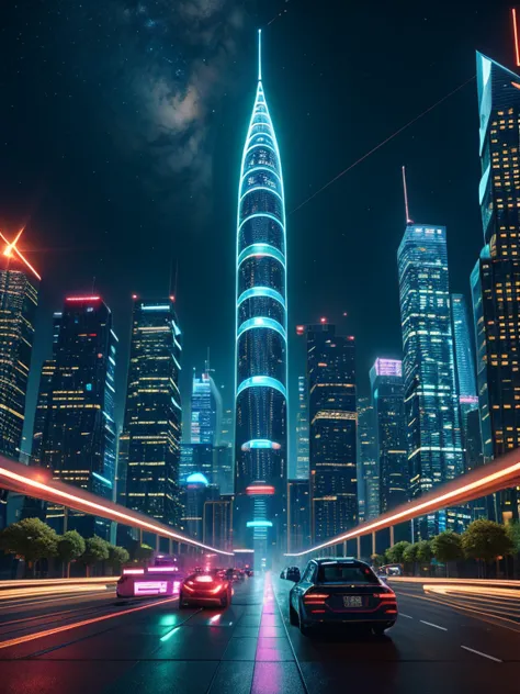 in this futuristic image of a city at night，we were taken into a city full of technology and innovation。tall skyscrapers glow wi...