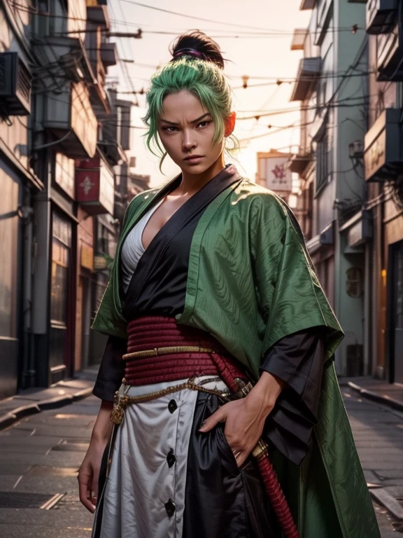 Erstellen Sie ein realistisches Bild von Roronoa Zoro aus One Piece als Frau. Sie sollte grüne Haare haben, die wie Zoro gestylt sind, mit einem selbstbewussten und grimmigen Ausdruck. Kleiden Sie sie in ein modernes Outfit mit einer grünen Schärpe und Elementen traditioneller Samurai-Kleidung. Sie sollte einen muskulösen Körperbau und drei Katanas haben, eine in ihrer Hand und zwei an ihrer Taille. Der Hintergrund sollte eine moderne Stadtlandschaft mit traditionellen japanischen Elementen verbinden.. Verwenden Sie dramatische Beleuchtung und Schattierung, um ihre intensive Persönlichkeit einzufangen.