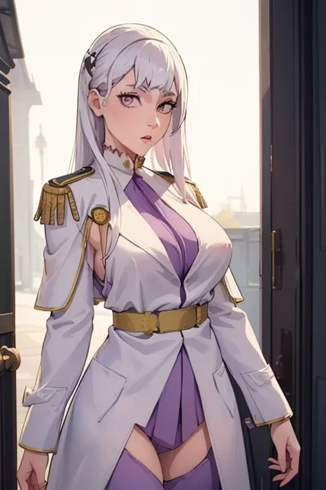 Noelle, ((masterpiece)), ((best quality)), (white long coat), coat on shoulders,white navy soldier uniform ,(epaulettes), purple...