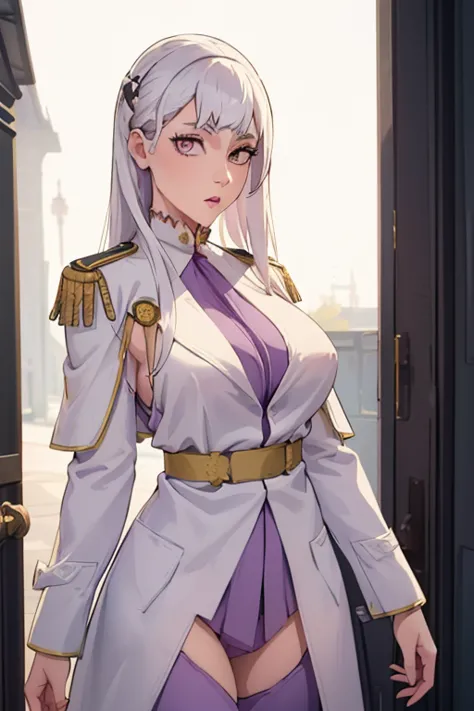 noelle, ((masterpiece)), ((best quality)), (white long coat), coat on shoulders,white navy soldier uniform ,(epaulettes), purple...