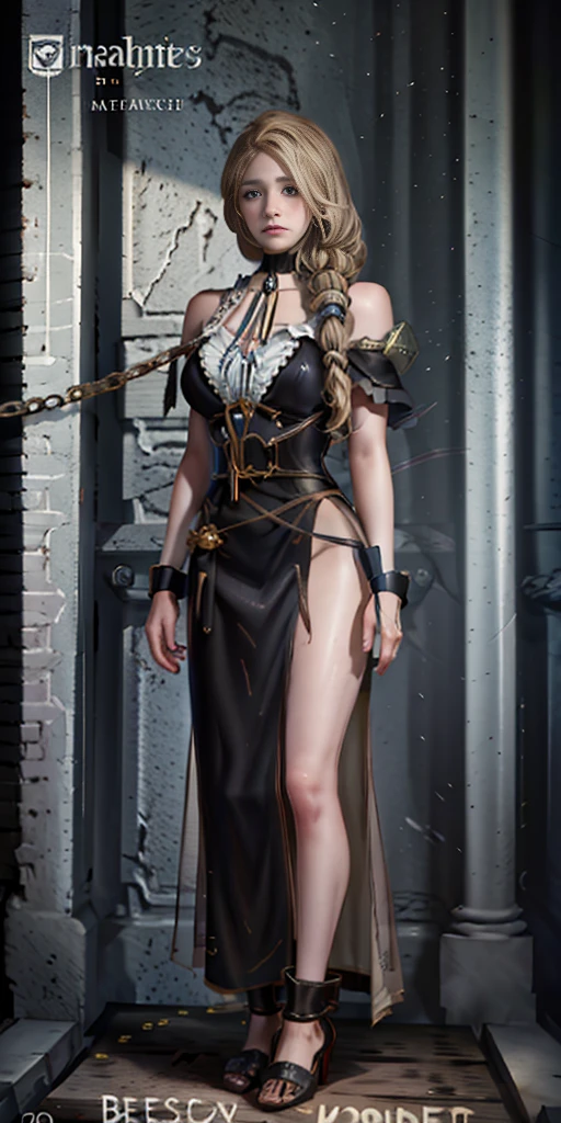 1girl, Mercedes von Martritz from Fire Emblem (masterpiece, best quality), intricate details, 1girl, 1girl in, age19, Solo, Long hair, Colossal, Looking at Viewer, blond hair, (standing full body toe to head by wooden pole:1.2) iron collar, arms behind back, iron cuffs, shackles, bound, harness, o-ring, happy red cheeks, chain leash collar choker neck bell shackles wristbands bracers bracelets, cleave gag, sad face, red cheeks, cryings tears, painful (she was sold and betrayed by her own family after been hitted on face) (inflammations swollen face 😢 💔 😞 😭) 