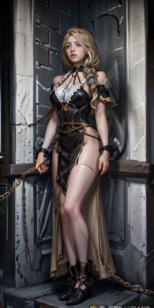 1girl, Mercedes von Martritz from Fire Emblem (masterpiece, best quality), intricate details, 1girl, 1girl in, age19, Solo, Long hair, Colossal, Looking at Viewer, blond hair, (standing full body toe to head by wooden pole:1.2) iron collar, arms behind back, iron cuffs, shackles, bound, harness, o-ring, happy red cheeks, chain leash collar choker neck bell shackles wristbands bracers bracelets, cleave gag, sad face, red cheeks, cryings tears, painful (she was sold and betrayed by her own family after been hitted on face) (inflammations swollen face 😢 💔 😞 😭) 