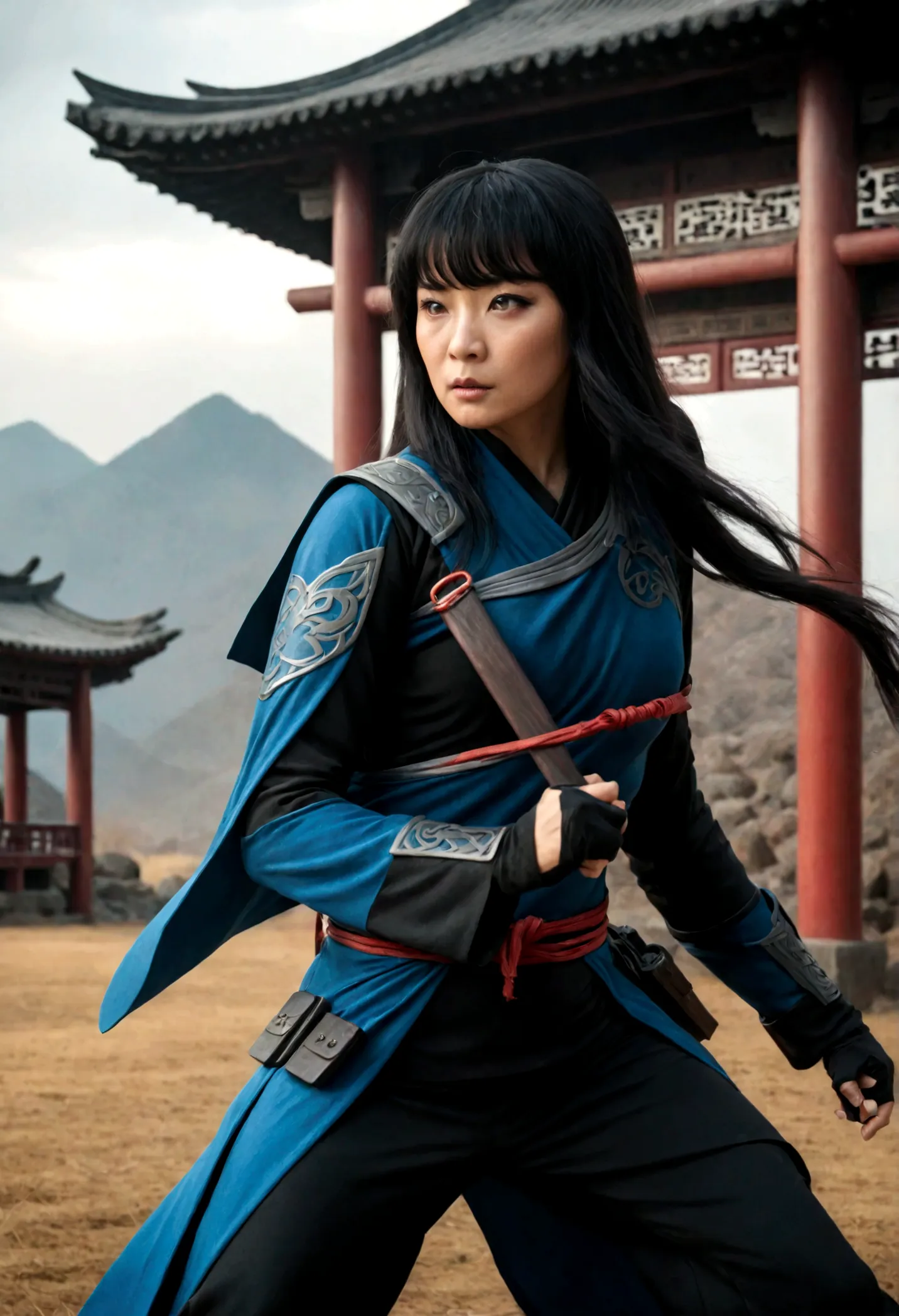 superhero, modern superhero costume, ninja, with jing, beautiful chinese woman, chinese woman with bangs, courageous character, ...