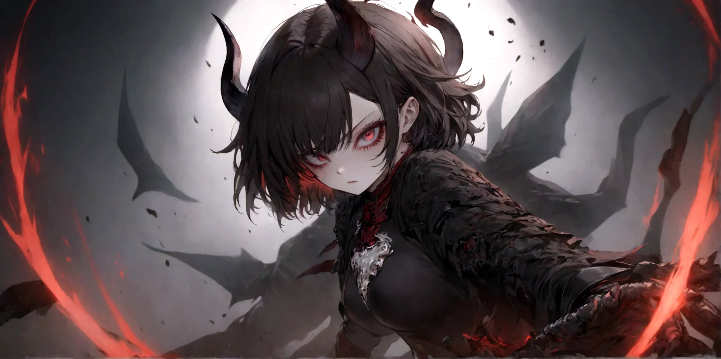 demon girl, close up, black heavy detailed clothes, art, dark and malevolent,armor, powerful and intimidating, (masterpiece, bes...