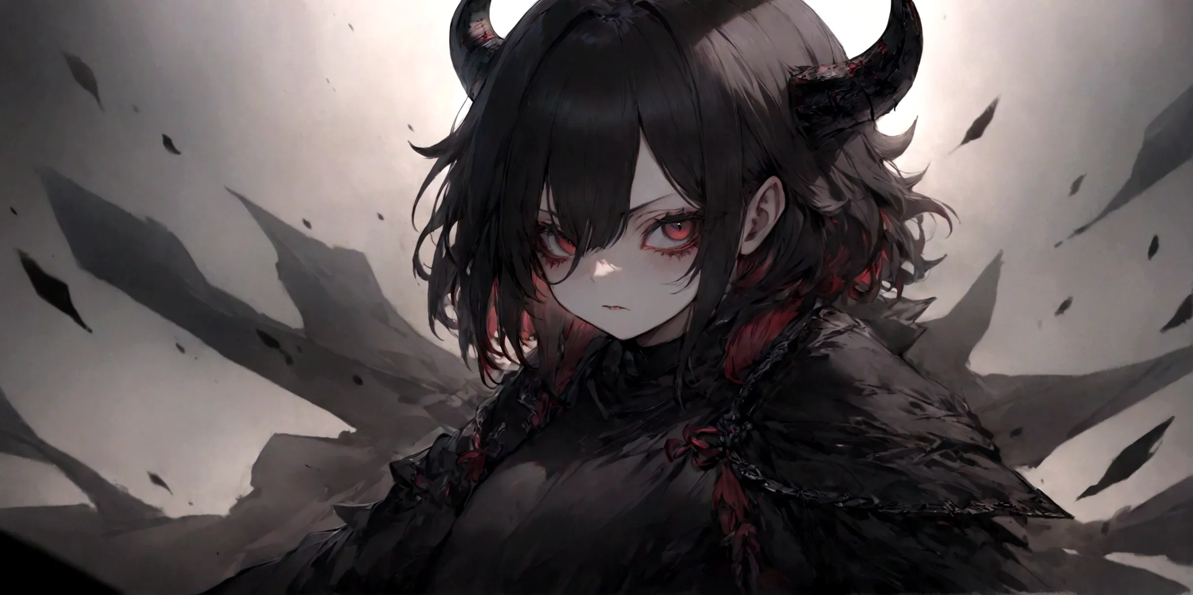demon girl, close up, black heavy detailed clothes, art, dark and malevolent,armor, powerful and intimidating, (masterpiece, bes...