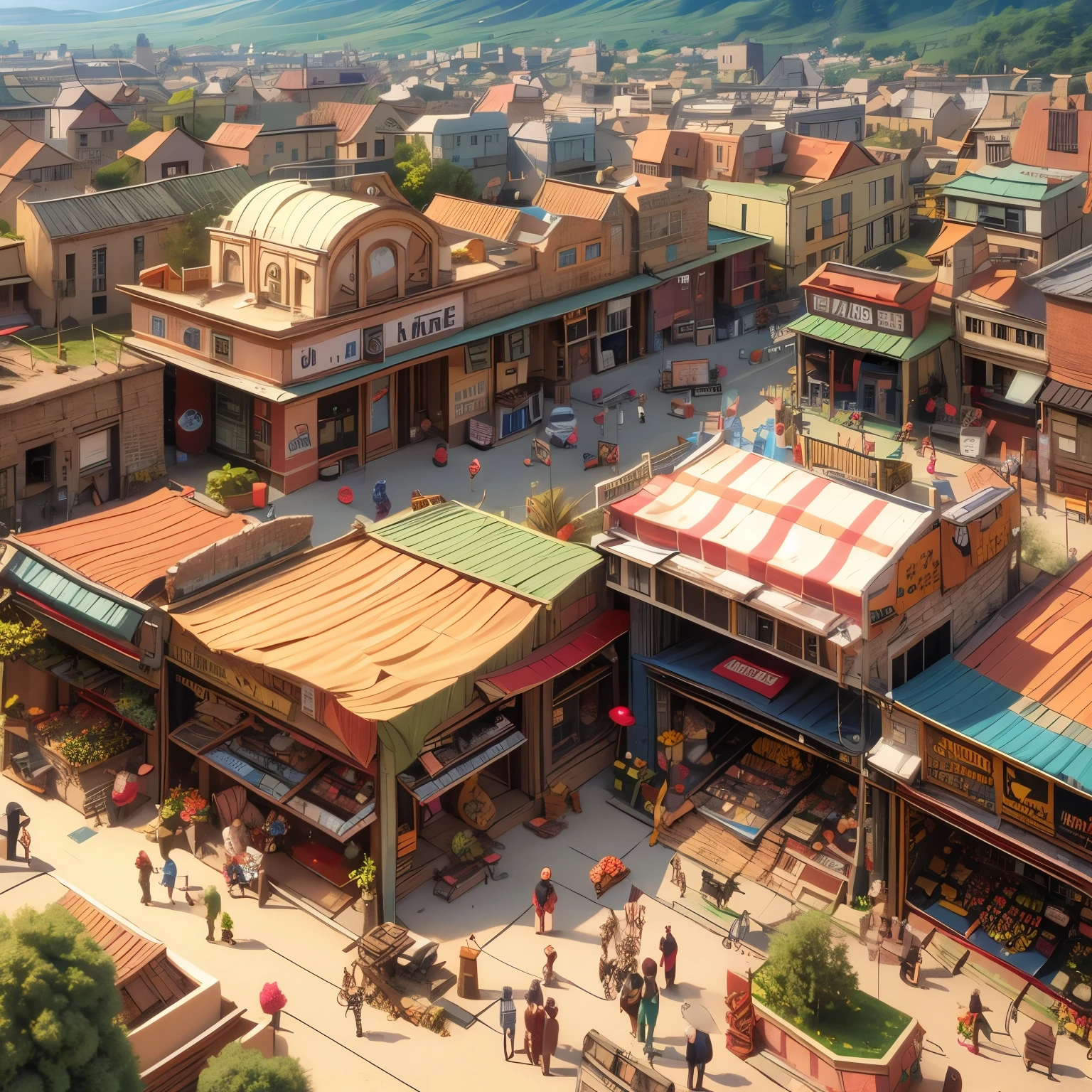 Ariel view of a small town, people on streets, large marketplace.