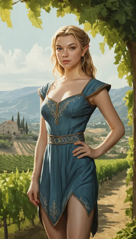 An illustrated movie poster, hand-drawn, full color, a teenage elven girl, wearing linen mini-dress, resembles Natalie Dormer, s...