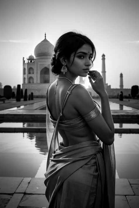 A 22 years old india woman in sari working in laptop ,  Ilford XP2 Super (Black and White) , Vintage, Romantic , Shot from Behin...