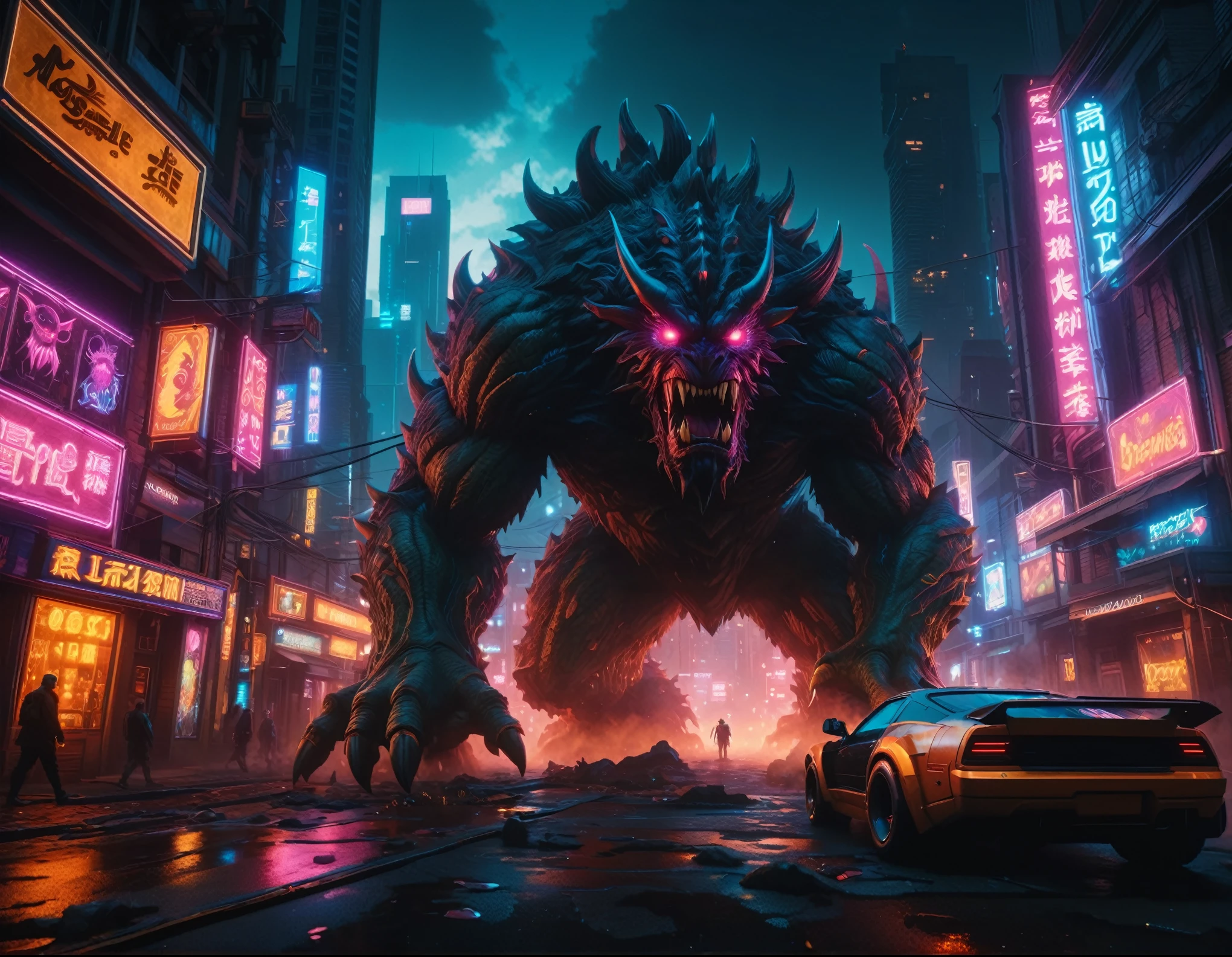 a large monster with glowing eyes standing in a city street, beeple and tim hildebrandt, dan mumford. 8k octane render, style hybrid mix of beeple, artgem and beeple masterpiece, beeple |, beeple and greg rutkowski, beeple global illumination, beeple masterpiece, Neon city, Background, highres, masterpiece, highres