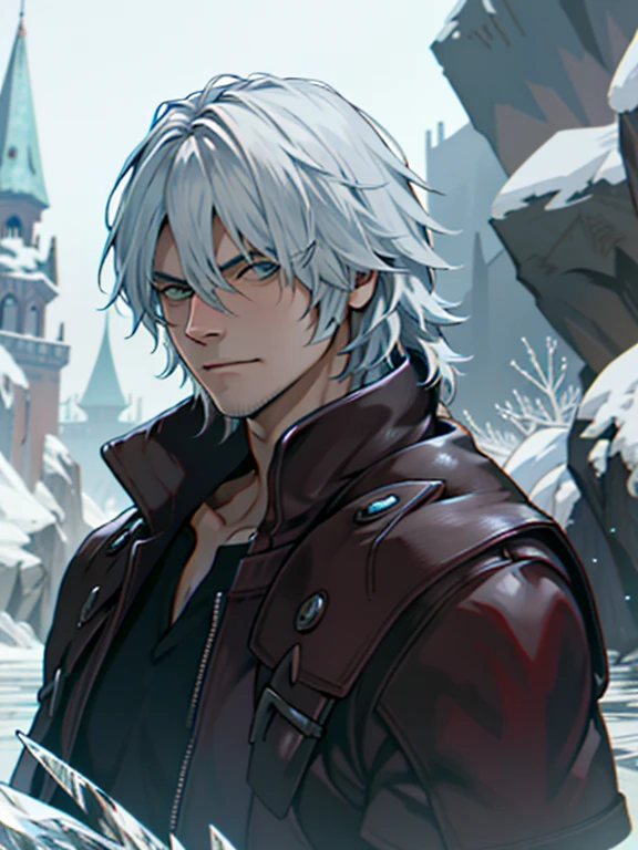 ((ultra detallado, obra maestra, absurdos))
DMC5Dante, 1 chico, solo, cabello corto, pelo blanco, Ice castle in a frozen wasteland, cristales de hielo brillantes,  (luchar), emanando una presencia real