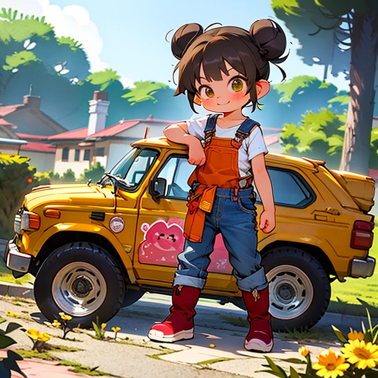 Sassy girl, 9-years-old, skinny, brunette, tanned, brown hair and eyes, double bun, flat, small pert butt, flower stamp t-shirt, tight denim overalls, red socks, yellow boots, gentle smile, relaxed pose in in front of a fountain in a square, Watashiya Kaworu style, dynamic view, full body, ecchi comedy anime, HD8K,
