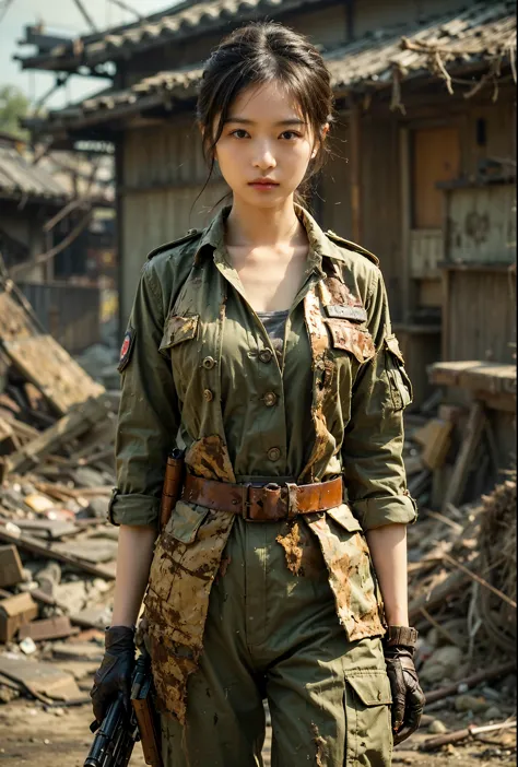 A fictional WWII Japanese female soldier piloting a humanoid weapon of the Imperial Japanese Army、Beautiful Face、Torn trousers、d...