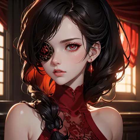 close,A girl in red wearing an eye patch, in the style of anime art, vray, romantic academia, delicate shading, Dark white, 32k ...