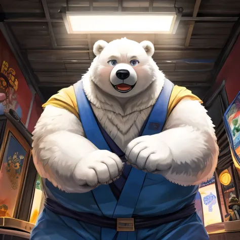 japanese cartoons, anthro super illuminated kid super fat ussbhm polar bear in his room observing his huge and fat body, childre...