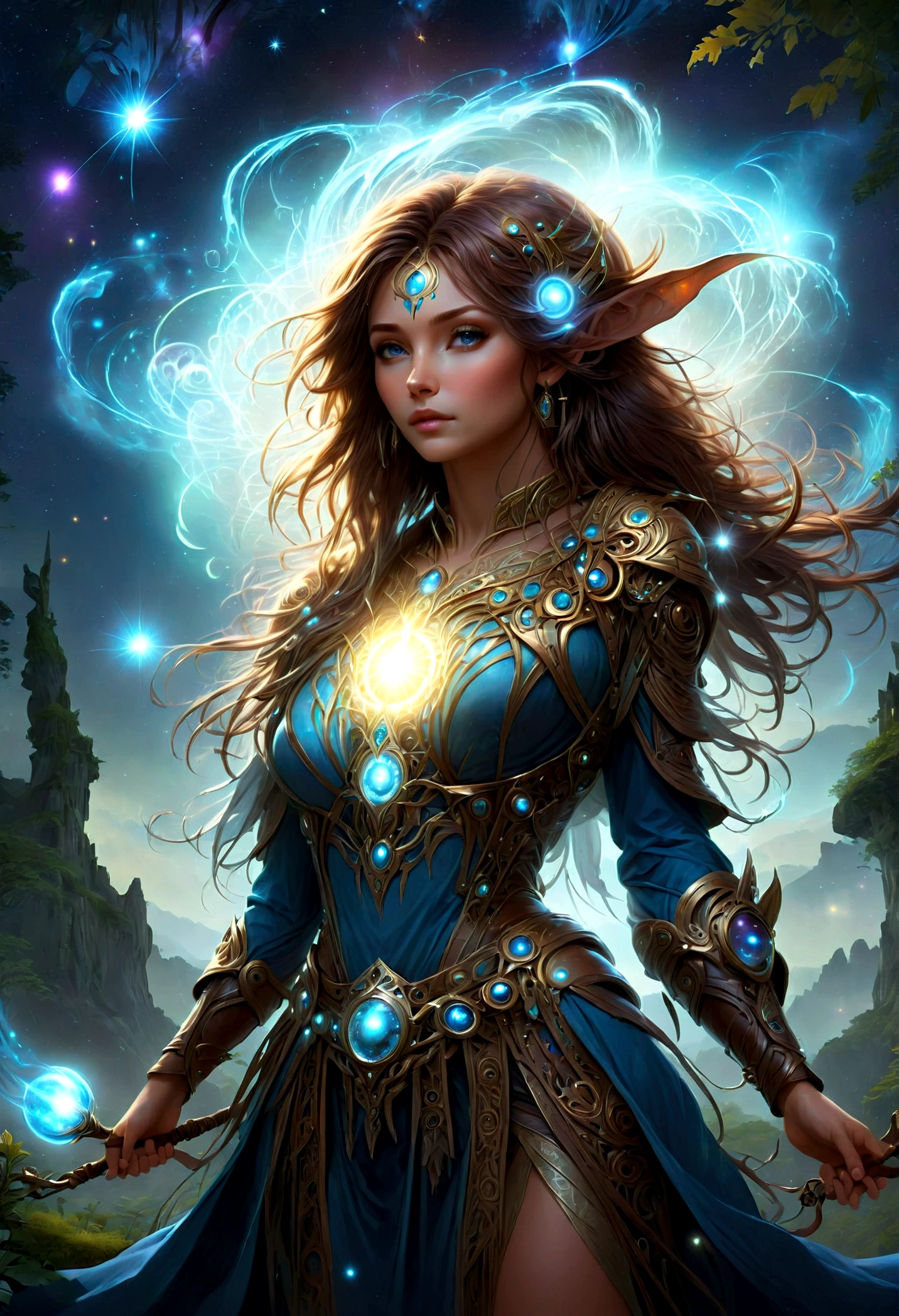 high details, best quality, 16k, [ultra detailed], masterpiece, best quality, (extremely detailed), dynamic angle, ultra wide shot, photorealistic, ((fantasy art)), dnd art, rpg art, realistic art, female human druid of the stars, guardian of nature, controlling magical energy made of stars, swirling blue stary magical light, divine symbols, DruidMagicAI (intricate details, Masterpiece, best quality: 1.5), human female, extremally beautiful, ultra feminine, dynamic hair, dynamic hair color, wearing leather armorת holding a staff, moon light, stars, dynamic natural background, RPG art, magical atmosphere magic-fantasy-forest, ultra best realistic, best details, best quality, 16k, [ultra detailed], masterpiece, best quality, (extremely detailed), ultra wide shot, photorealism, depth of field, hyper realistic painting, aetherpunkai