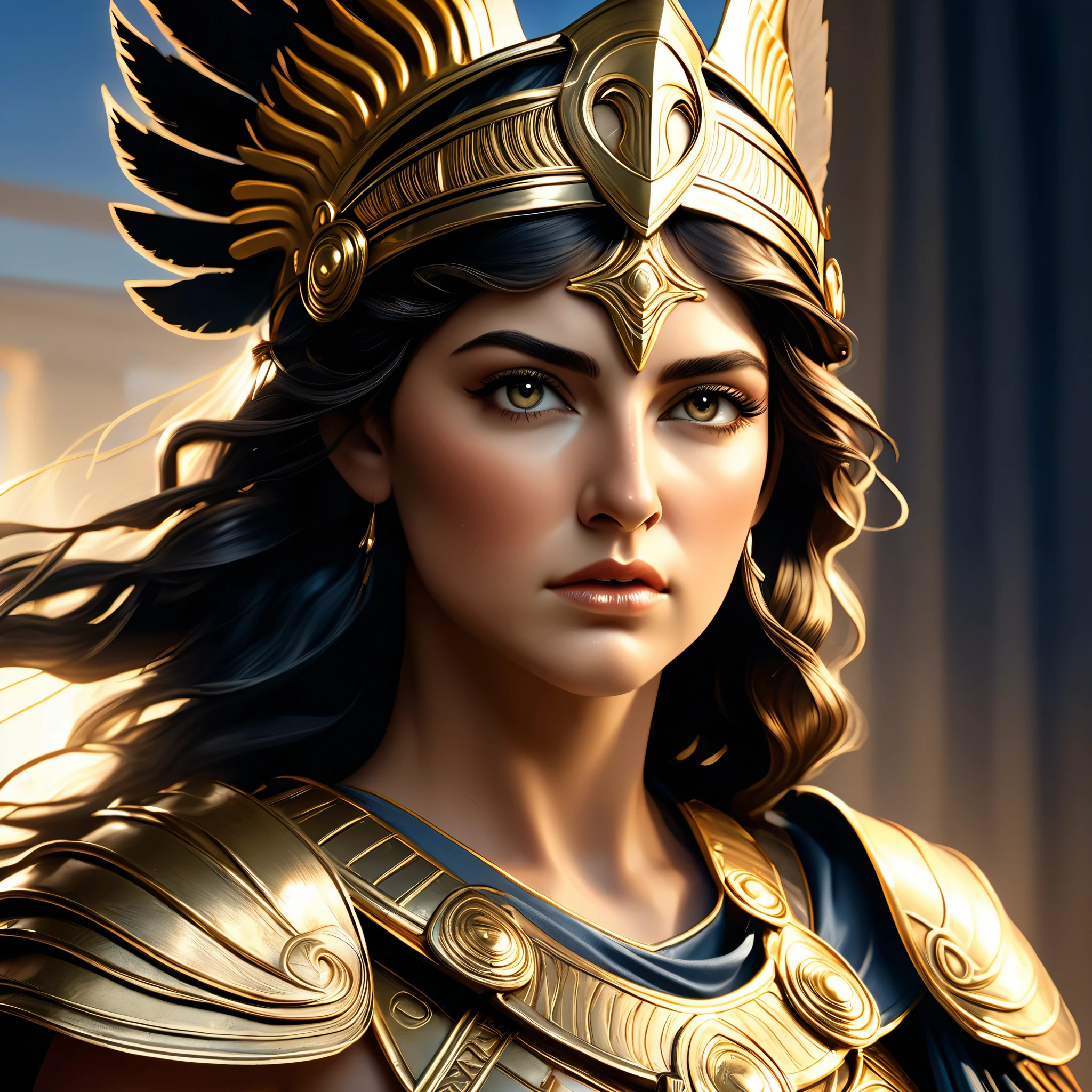 a beautiful Greek goddess Athena, goddess of wisdom and war, detailed face, piercing eyes, long eyelashes, detailed intricate armor, flowing robes, standing tall and proud, epic cinematic lighting, dramatic shadows, muted color palette, highly detailed, 8k, photorealistic, masterpiece