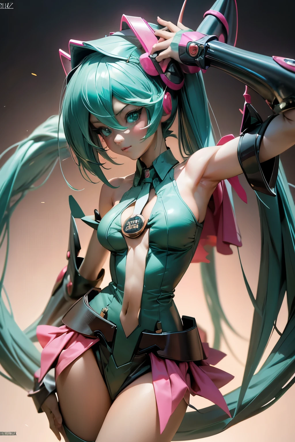 Hatsune Miku disfrazada de dark magician gils. Pose sexy y sensual. Grandes tetas. Disfraz de dark magician gils 