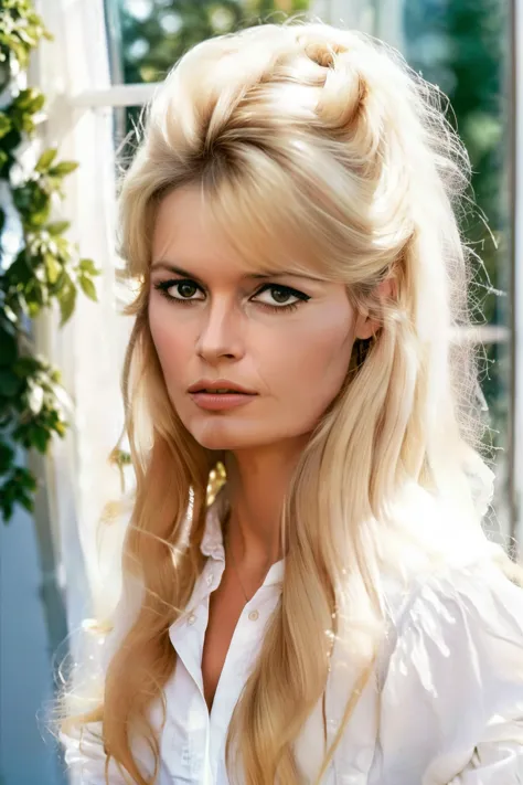 a Realistic Full Portrait of a bbardot woman with long blonde hair and dark eye makeup, Beautiful, Detailed face, Perfect Eyes, ...