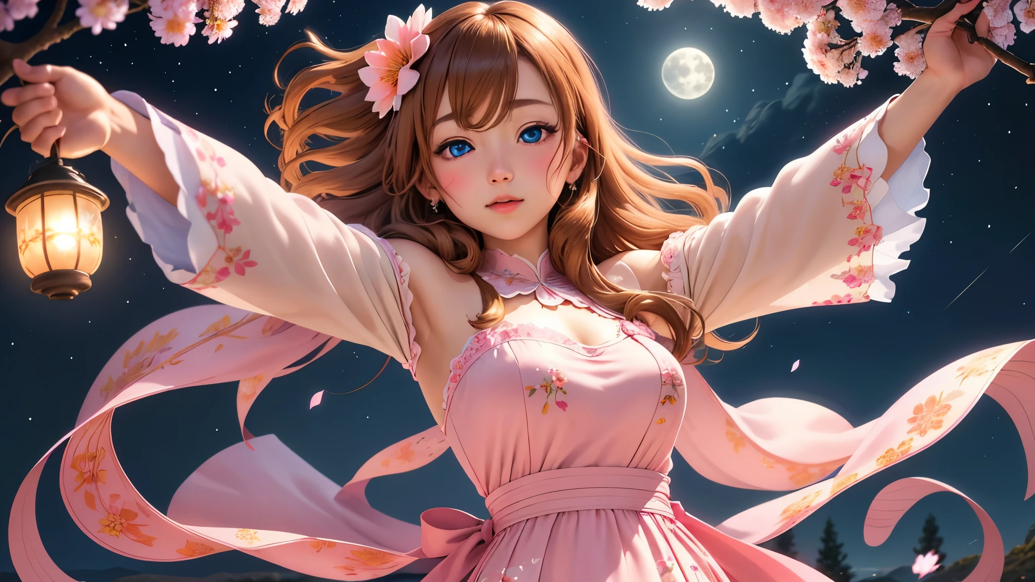 (Best quality, realistic:1.2), Kosaka Honoka, long hair, stunning eyes, mesmerizing glowing eyes, long dress with sleeves, life, Gentle blush, charming night landscape, blooming flowers under the moon, warm sunlight penetrates the branches and casts a gentle glow, (the skin is thick:1.1), Goddess