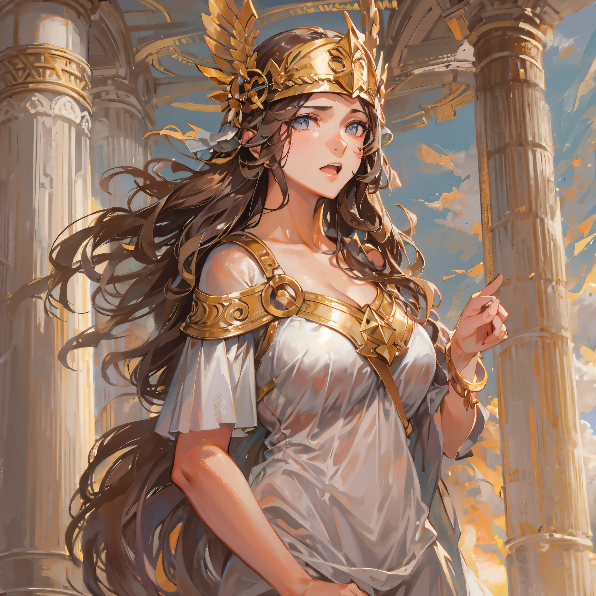 Greek Goddess Athena, long brown hair, gray eyes, nice ass. 