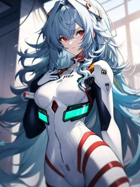 absurdres, best quality, 1girl, solo, looking at viewer, eye focus,  rei_evangelion, light blue hair, red eyes, long hair, absur...