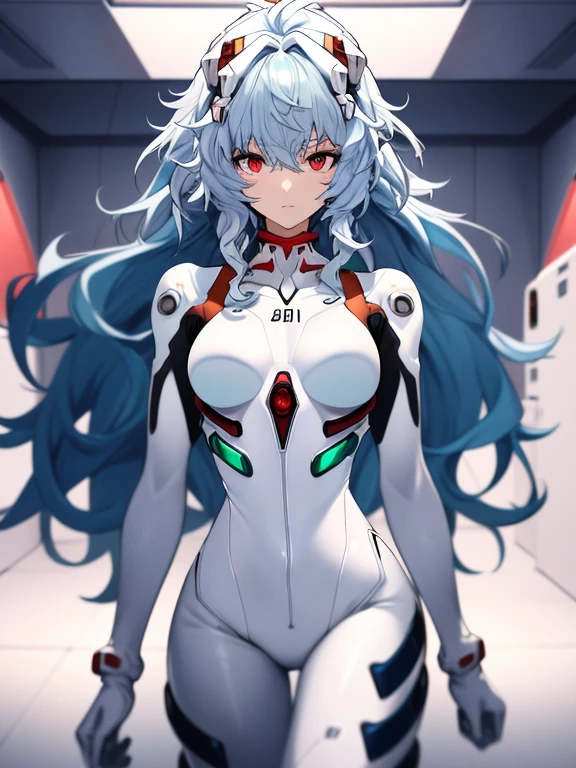 absurdres, best quality, 1girl, solo, looking at viewer, eye focus,  rei_evangelion, light blue hair, red eyes, long hair, absurdly long hair, kinky hair, curly hair, plugsuit, pilot suit, interface headset, white bodysuit, white pilot suit, white plugsuit, (messy hair:1), (expressionless:1)