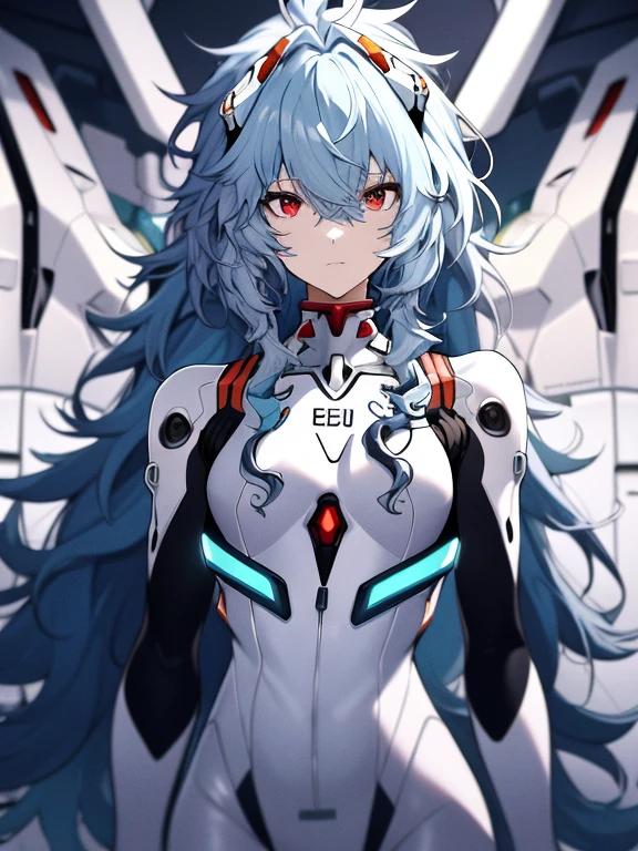 absurdres, best quality, 1girl, solo, looking at viewer, eye focus,  rei_evangelion, light blue hair, red eyes, long hair, absurdly long hair, kinky hair, curly hair, plugsuit, pilot suit, interface headset, white bodysuit, white pilot suit, white plugsuit, (messy hair:1), (expressionless:1)