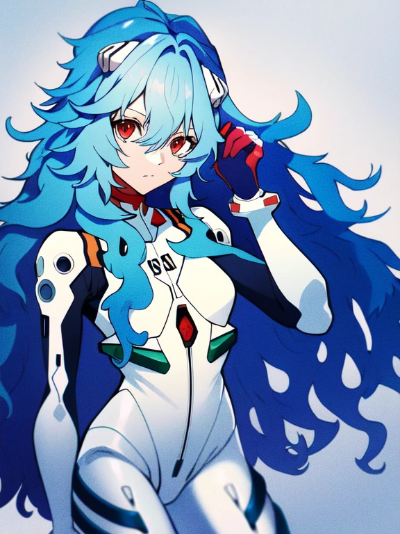 absurdres, best quality, 1girl, solo, looking at viewer, eye focus,  rei_evangelion, light blue hair, red eyes, long hair, absurdly long hair, kinky hair, curly hair, plugsuit, pilot suit, interface headset, white bodysuit, white pilot suit, white plugsuit, (messy hair:1), (expressionless:1)