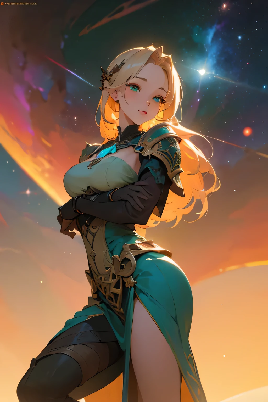 a girl with light colored hair,detailed teal dress,sexy viking armor,standing,rainbow colored cosmic nebula background,stars,galaxies,intricate details,perfect face,best quality,4k,8k,highres,masterpiece:1.2,ultra-detailed,realistic,photorealistic,photo-realistic:1.37,HDR,UHD,studio lighting,ultra-fine painting,sharp focus,physically-based rendering,extreme detail description,professional,vivid colors,bokeh,fantasy,digital art green eyes