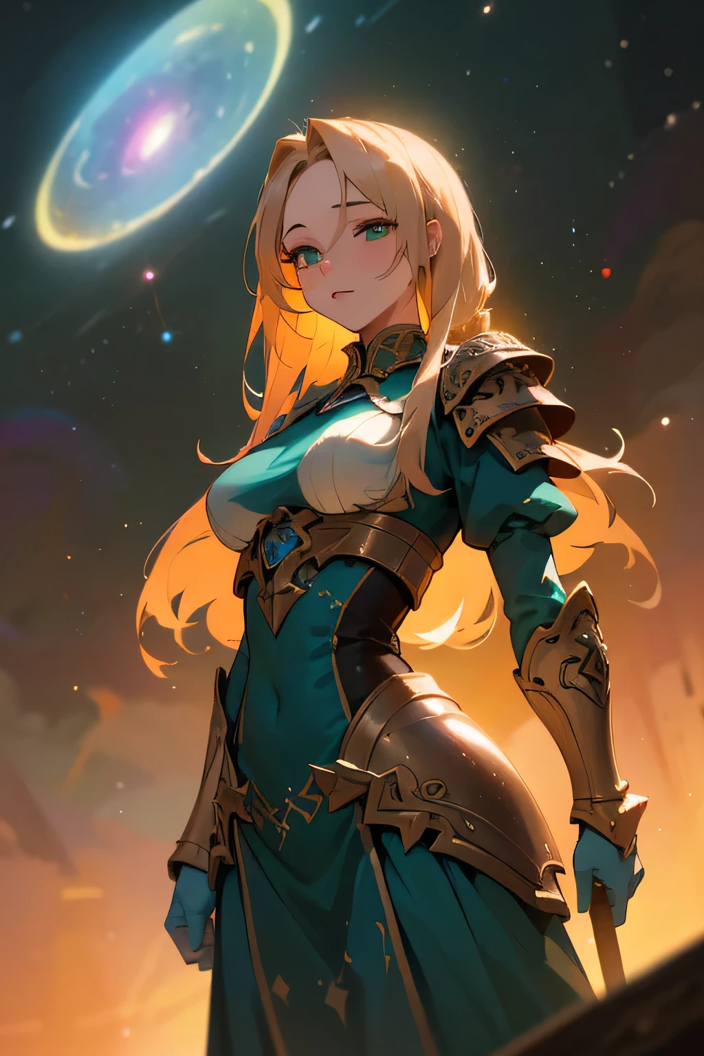 a girl with light colored hair,detailed teal dress,sexy viking armor,standing,rainbow colored cosmic nebula background,stars,galaxies,intricate details,perfect face,best quality,4k,8k,highres,masterpiece:1.2,ultra-detailed,realistic,photorealistic,photo-realistic:1.37,HDR,UHD,studio lighting,ultra-fine painting,sharp focus,physically-based rendering,extreme detail description,professional,vivid colors,bokeh,fantasy,digital art green eyes