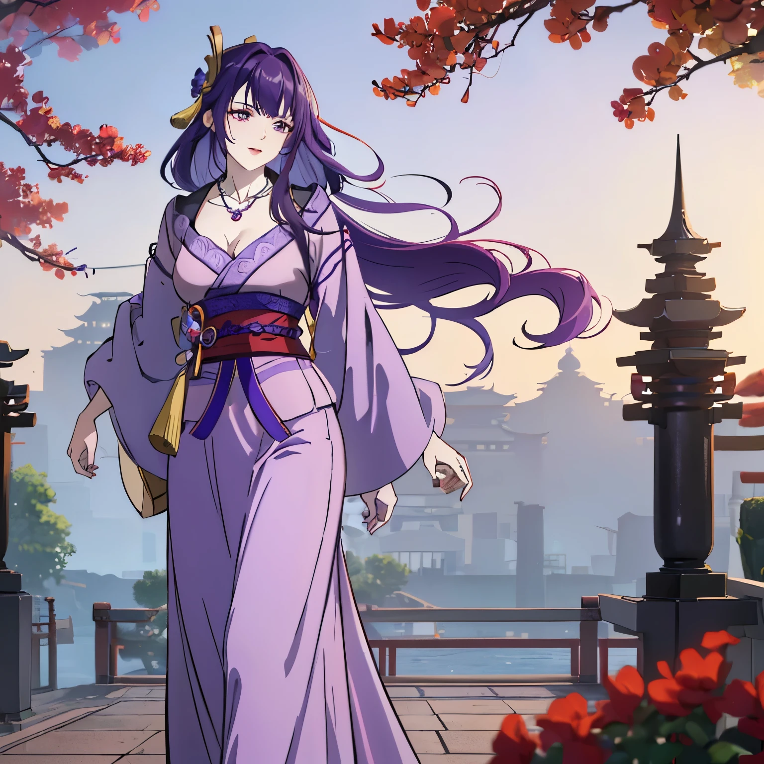 Best quality at best, Ultra-high resolution, (((1 girl))), (Long purple hair), (violet eyes), (Chinese clothes), (((Red Flowers necklace around her neck))), (Ultra Long Skirt), Happy smile, Hanfu, Yarn, Flowing light yarn, jewelry, (focal), (((Colorful))), particle fx , tmasterpiece, Best quality at best, beautiful painted, meticuloso, highly detailed, (tmasterpiece, Best quality at best） CG unified 8K wallpaper，((walking a Chinese mansion)) ,, tmasterpiece，Best quality，ultra - detailed）, Super HD picture quality