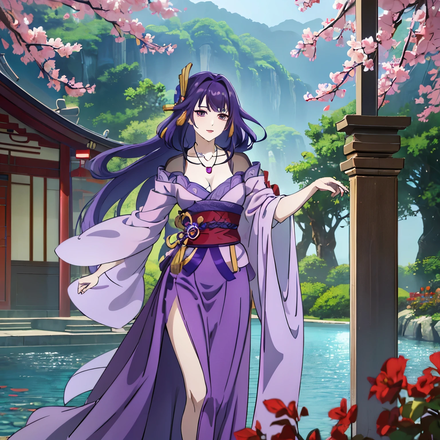 Best quality at best, Ultra-high resolution, (((1 girl))), (Long purple hair), (violet eyes), (Chinese clothes), (((Red Flowers necklace around her neck))), (Ultra Long Skirt), Happy smile, Hanfu, Yarn, Flowing light yarn, jewelry, (focal), (((Colorful))), particle fx , tmasterpiece, Best quality at best, beautiful painted, meticuloso, highly detailed, (tmasterpiece, Best quality at best） CG unified 8K wallpaper，((walking a Chinese mansion)) ,, tmasterpiece，Best quality，ultra - detailed）, Super HD picture quality