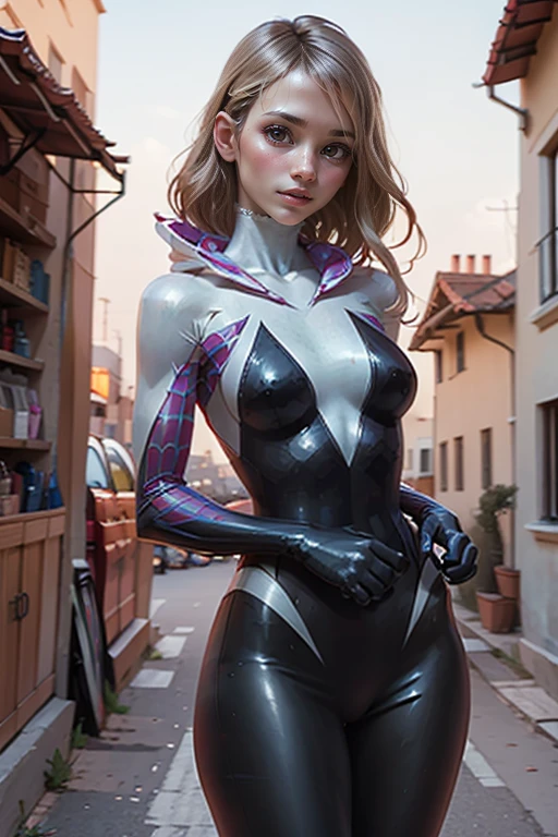 Super-heroína Gwen Stacy, pelo rubio, cabelo curto,corte inferior, cabelo assimétrico, olhos azuis, melhor qualidade ,Obra-prima, Impressão de teia de aranha,maiô,olhando para o espectador, Olhos extremamente detalhados , 4k , Vista frontal