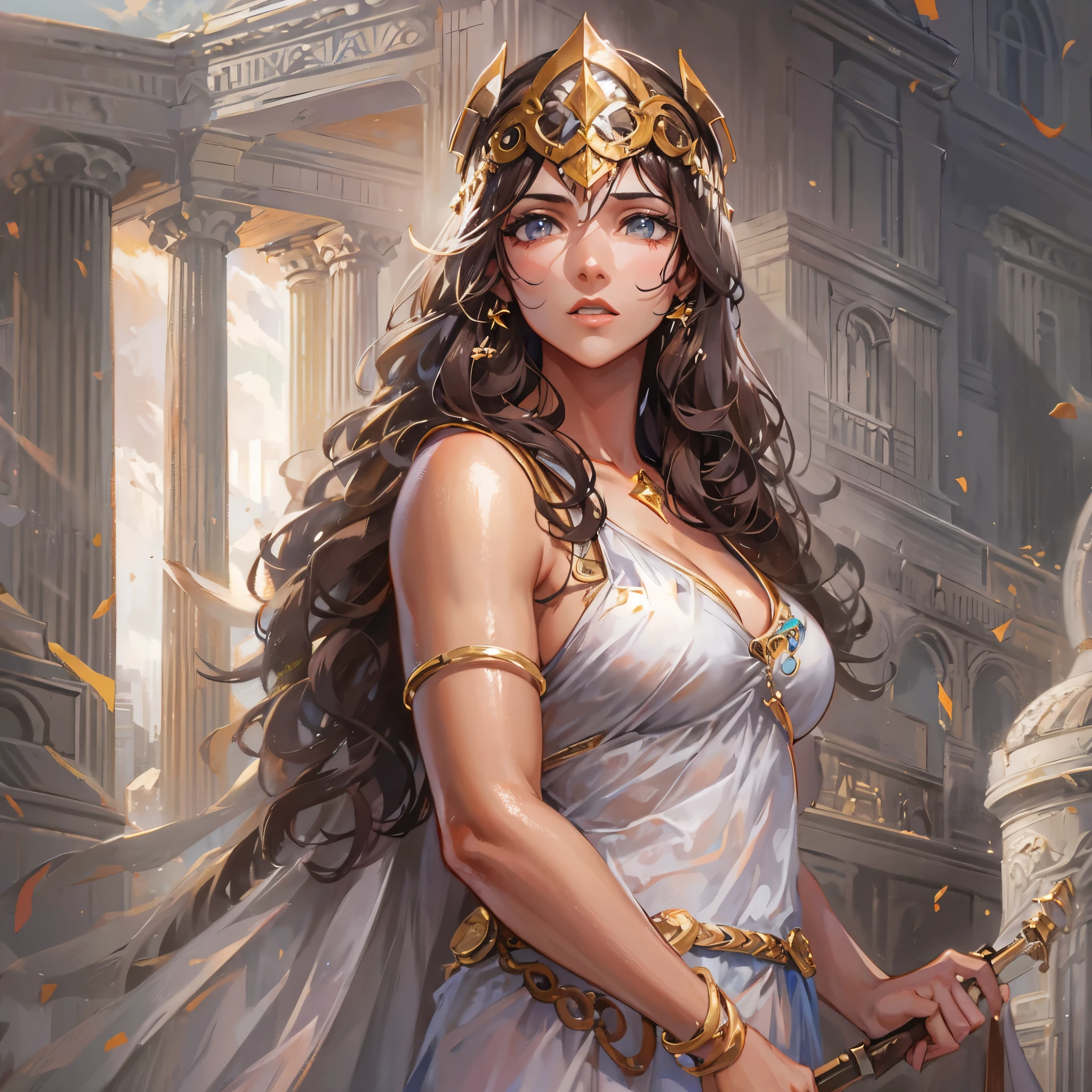 Greek Goddess Athena, beautiful divine woman with long brown hair, gray eyes. She is showing her nice ass. 