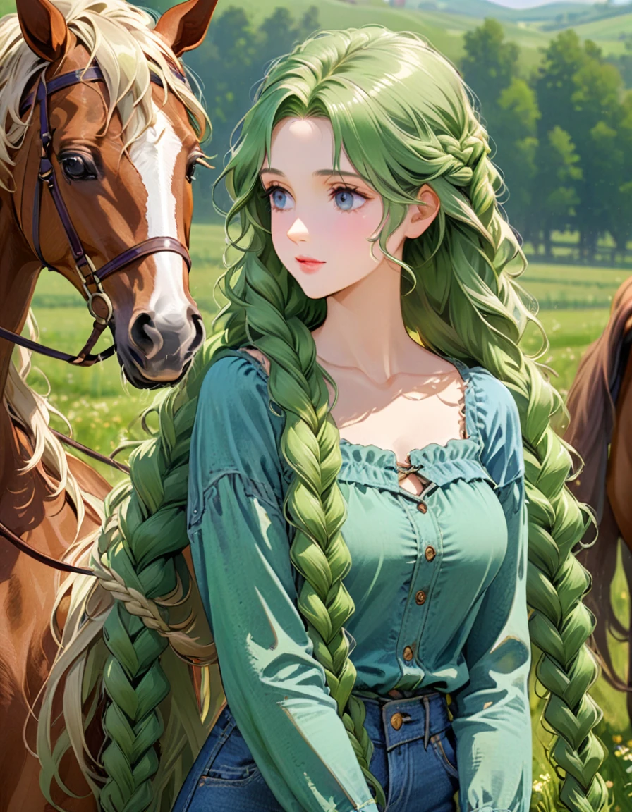 Girl with long hair in a denim shirt, Renaissance, каштановые волосы заплетены в braids, braids, gorgeous hair, green glazes, background of meadows on which horses hang