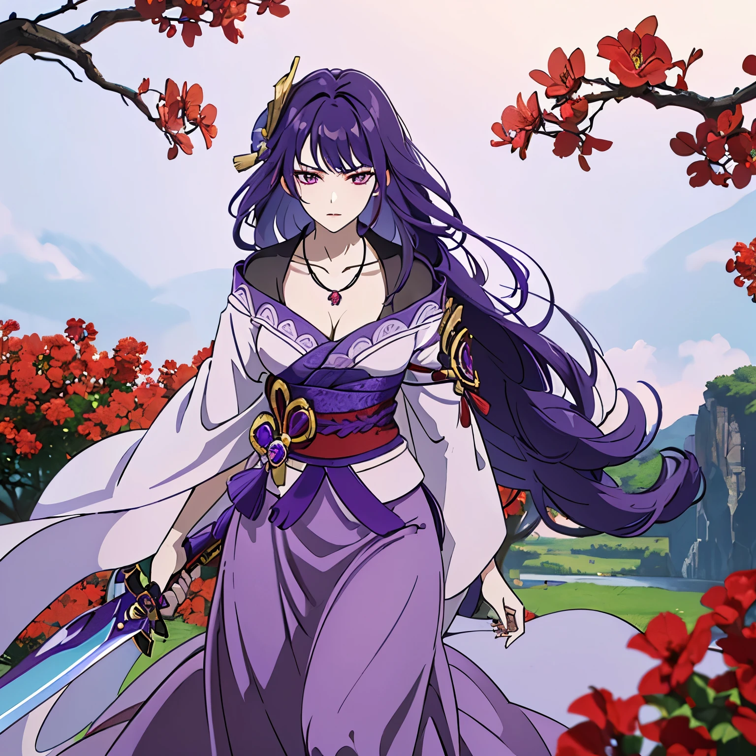 Best quality at best, Ultra-high resolution, (((1 girl))), (Long purple hair), (violet eyes), (Chinese clothes), (((Red Flowers necklace around her neck))), (Ultra Long Skirt), Hanfu, Yarn, Flowing light yarn, jewelry, (focal), (((Colorful))), particle fx , tmasterpiece, Best quality at best, beautiful painted, meticuloso, highly detailed, (tmasterpiece, Best quality at best） CG unified 8K wallpapeght)) , (blood), (weapon - sword), tmasterpiece，Best quality，ultra - detailed）, Super HD picture quality