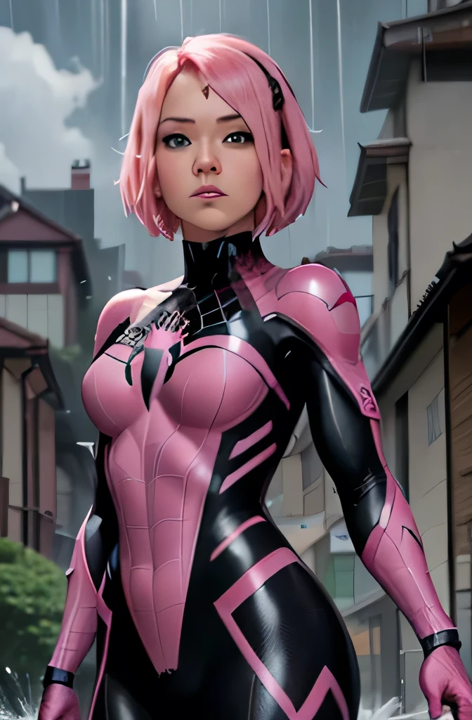 black and pink spider man suit, short pink hair, beautiful face, rain, roof, masterpiece, intricate detail, perfect anatomy, Sakura Haruno,