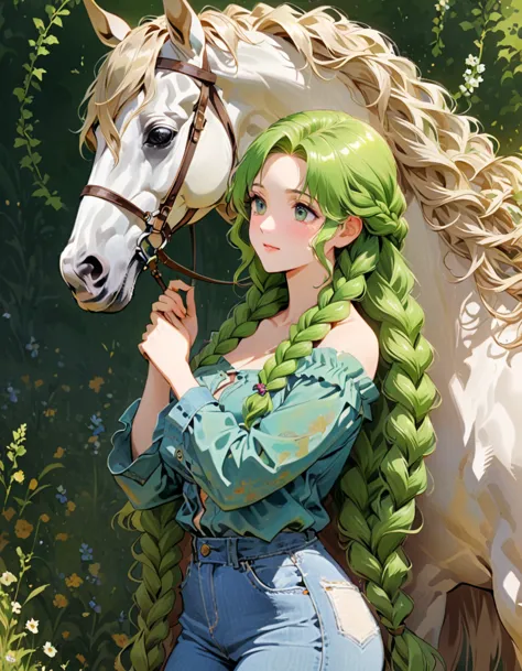 Girl with long hair in a denim shirt, Renaissance, светлые волосы заплетены в braids, braids, gorgeous hair, green glazes, backg...