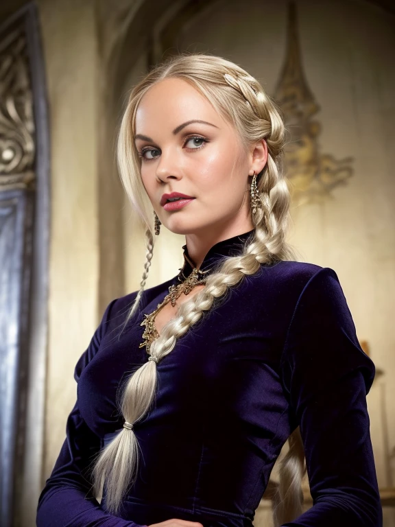 Cinema poster, Game of thrones theme , ((1 girl, solo, lonly,)) ((portrait in front a medieval castle)) . A British actress White Hair, Sylvia Saint face, (((50 years old))), old woman, (((she had silver hair in long, thick braids))) , pearls and rubies in her hair, purple eyes, pale and delicate skin, height and slenderness. She wore dresses of silk, (((wearing a elegant dark blue medieval dress)), velvet and brocade, in blue, green and silver, gold and silver jewelry with precious stones, a golden diadem with a three-headed Dragon. Adobe Illustration, trending on ArtStation, 8k, master part, arte linda, detalhes intrincados 