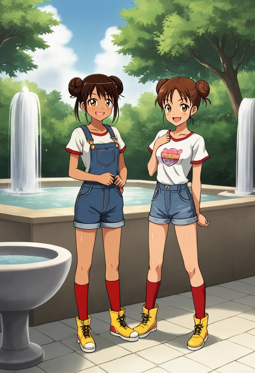 Sassy girl, 9-years-old, skinny, brunette, tanned, brown hair and eyes, double bun, flat, small pert butt, flowered t-shirt, tight denim overalls, red socks, yellow boots, gentle smile, relaxed pose in in front of a fountain in a square, Watashiya Kaworu style, dynamic view, full body, ecchi comedy anime, HD8K,