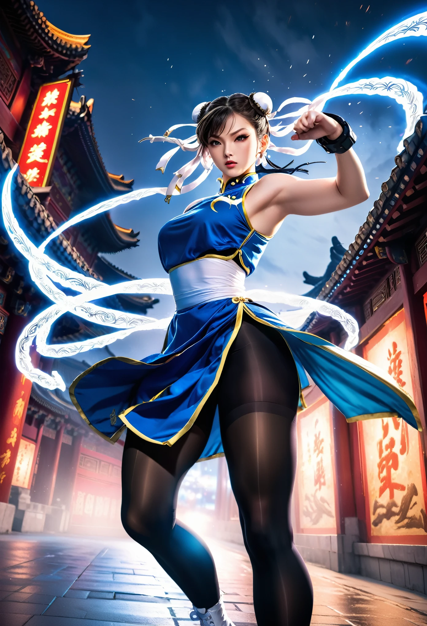 una mujer asiática Chun-Li en postura de combate, preparado para la batalla, escena nocturna, iluminación cálida, de pie, piel blanca, Luces de neón, oscuridad, impresionante obra de arte, falda azul con dos aberturas laterales sobre medias negras desteñidas hasta la cintura, ((medias negras desteñidas hasta la cintura)), botas blancas hasta la rodilla con cordones blancos atados en la parte superior, falda azul con dos aberturas laterales con detalles dorados, en el fondo la ciudad prohibida de China, ((piernas gruesas y fuertes)), ((piernas musculosas)), ((Piernas muy fuertes))