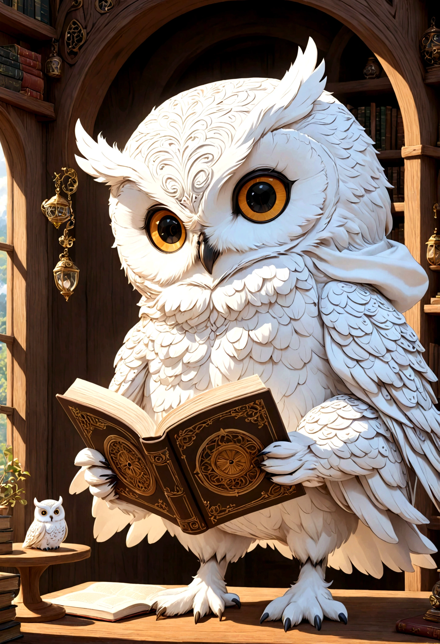  A vibrant fantasy-like illustration of a cute white owl in a white hood reading a book at the table, created in a hyper-detailed animation style( Perfect anatomical structure )Background laboratory calm and peaceful very cute white owl is reading a book cartoon 3d style   (masterpiece),Realistic masterpiece (best quality), (Ultra-high detail)

                   Very cute white owl doll stunning artwork super detailed digital art