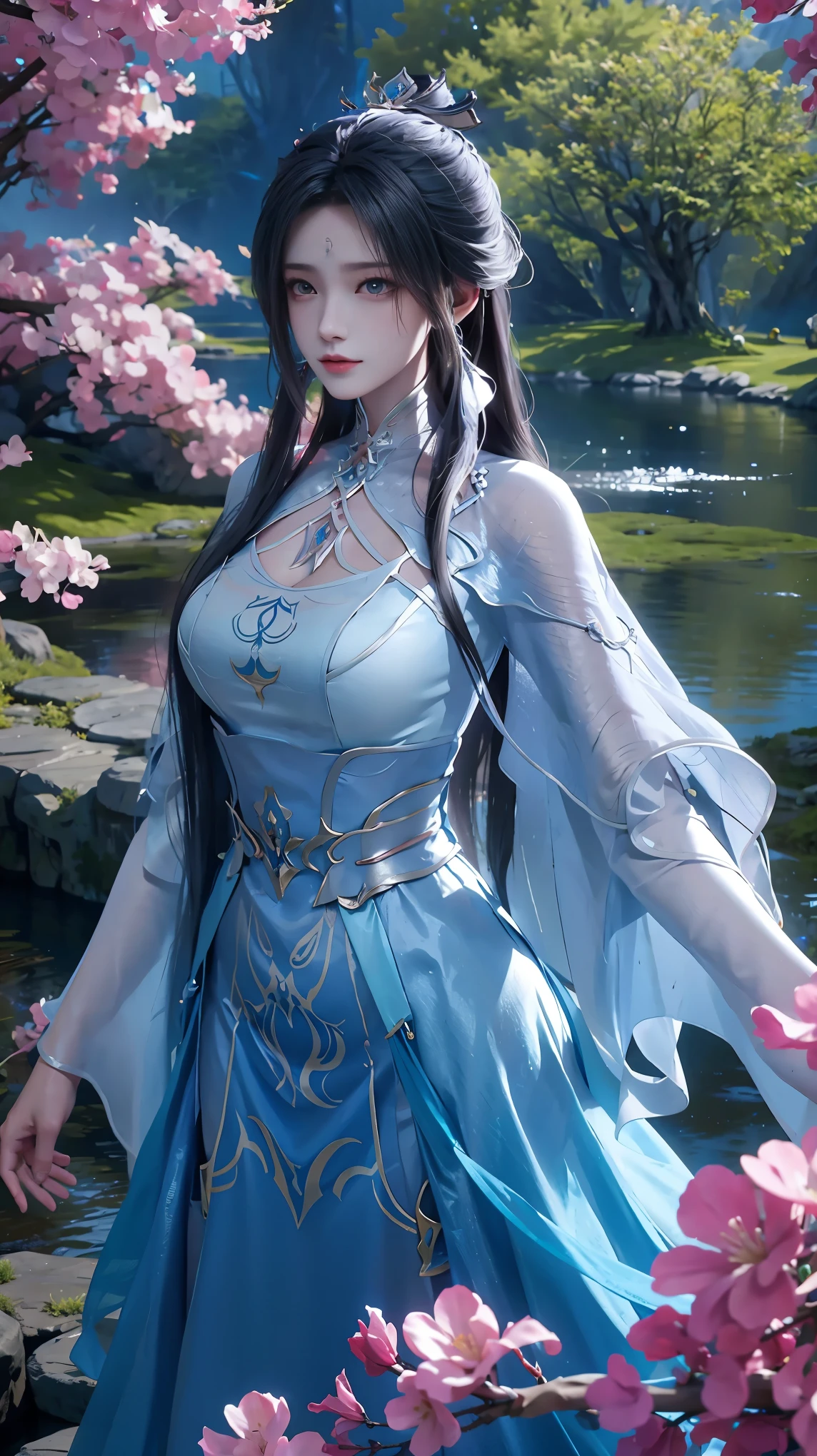 The painting shows a woman in a blue dress standing in a pool, Beautiful character painting, ((Beautiful fantasy queen)), Beauvot Art Style, closeup fantasy with water magic, Artwork in the style of Guweiz, Inspired by Chen Yifei, Ethereal Beauty, Beautiful fantasy queen, Inspired by Zhang Yan, palace ， Girl wearing Hanfu