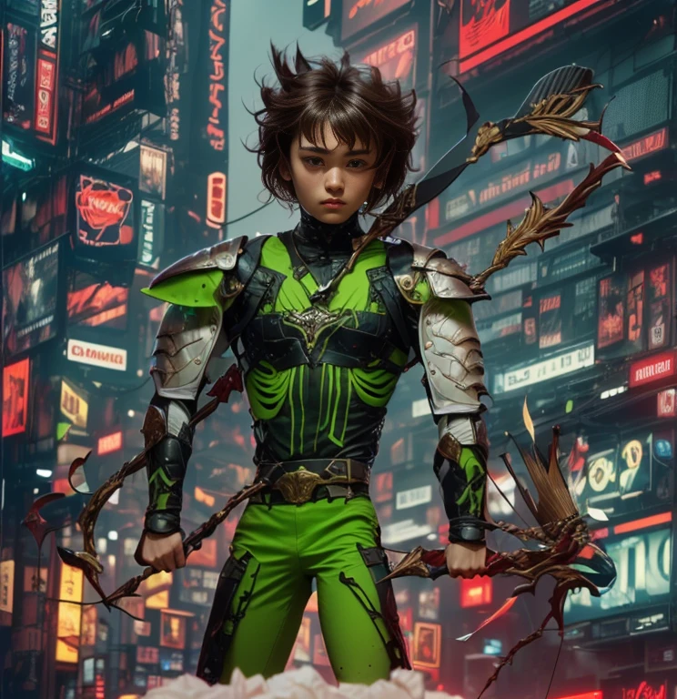 (ultra realistic,32k, masterpiece:1.2, UHD),(high detailed skin:1.1),( high quality:1.1), 1 boy, brown short raw cut hairs, brown eyes, green techno fantasy armor, cyberpunk, techno fantasy bow with ((energy bow arch)),((energy arrows)), caucasian race, light decourations, 18 years old 