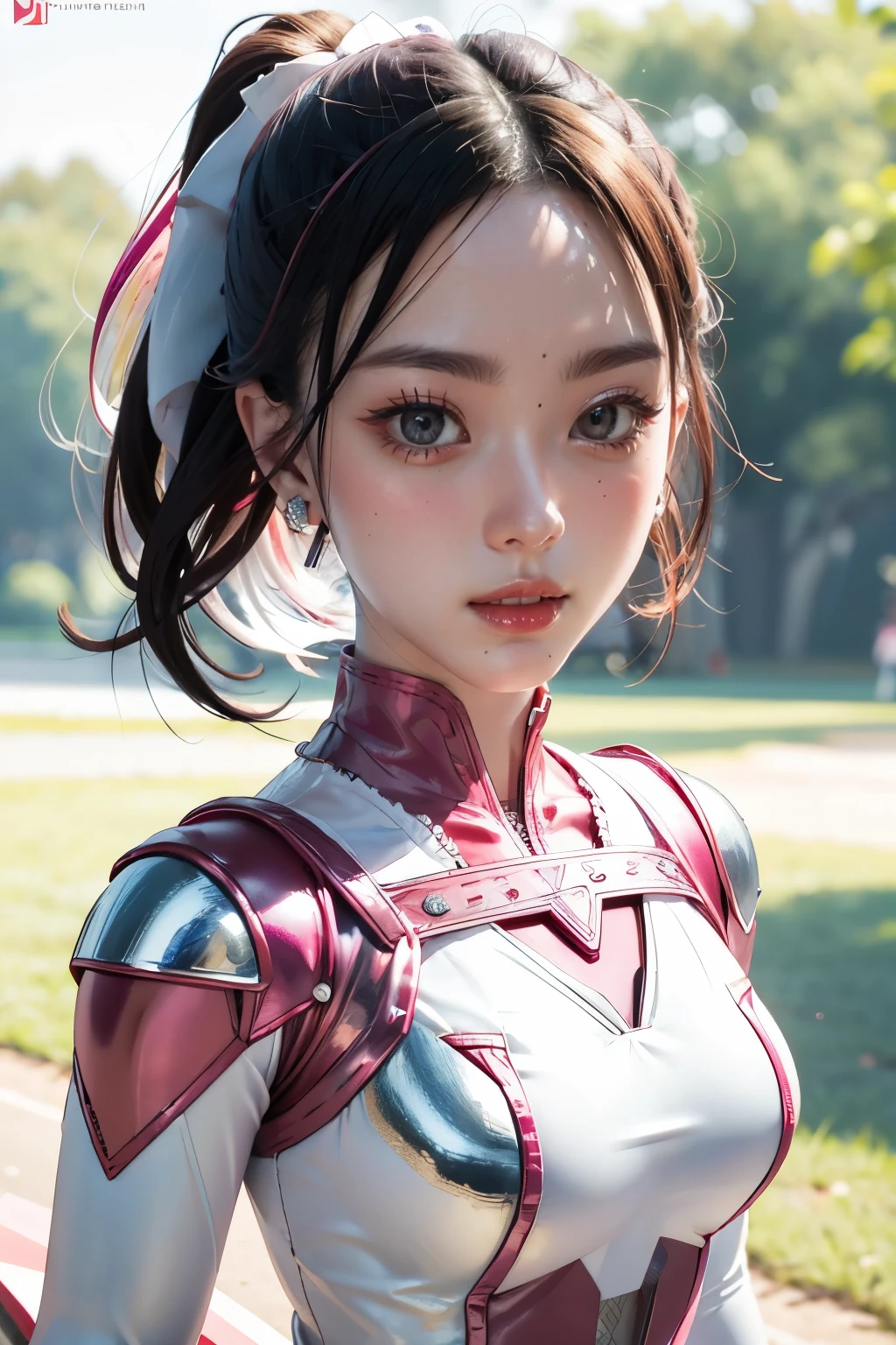 ((PinkRanger, EnakoV1)), 1girl, A beautiful 20 years old Japanese girl, Angelic, cute face,
Beautiful detailed eyes, 
(Large eyes:1.3),long eyelashes,
see-through bangs,
(beautiful detailed face and eyes:1.4), 
Beautiful short dark hair, beautiful smile,
(Best Quality:1.2),
Raw photo, 
High resolution, 
perfect detail, 
Professional Photography, 
Professional Lighting, (Metallic coral magenta and White Hero Suit:1.3), Ultra-tight fit bodysuit, Belt, Huge breasts, Beautiful legs, Strong lighting of the bodysuit,in the park, sexy figure:1.2, half body portrait